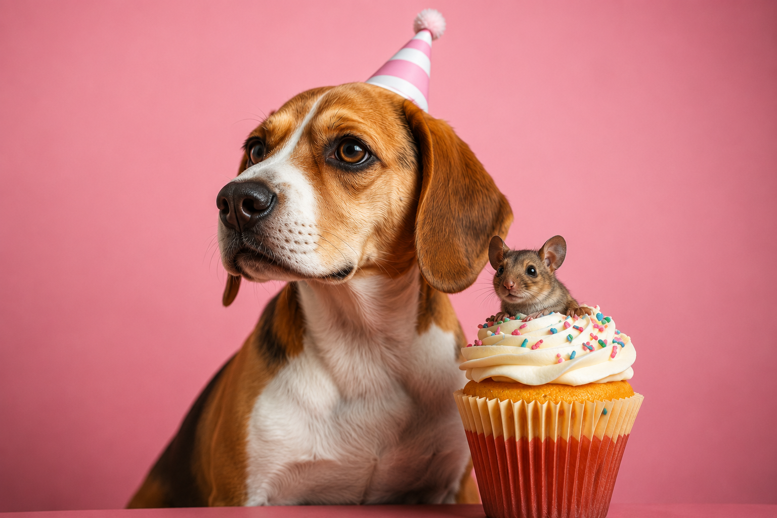 Beagle mit Papierkrönchen und Cupcake