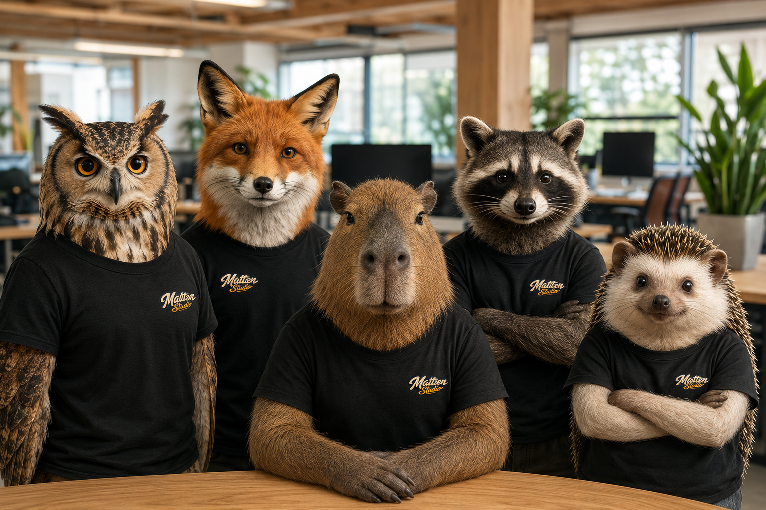 Das Mattzen Studio Team: Eule, Fuchs, Capybara, Waschbär und Igel in schwarzen Mattzen-Studio-Shirts im Büro